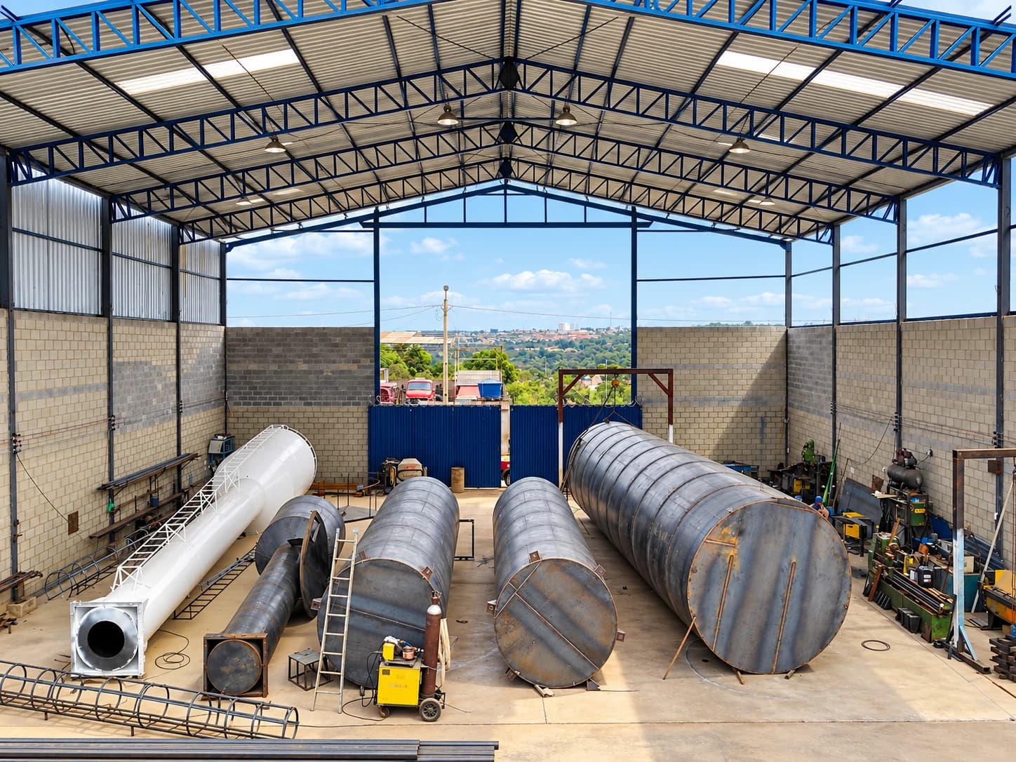 Galpão industrial da MaisForte em Luziânia, Goiás, com reservatórios metálicos em processo de montagem e soldagem